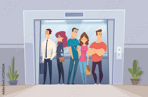 Team in elevator. Business crowd managers standing in elevator bright office doors vector person. Office elevator work, business team worker illustration