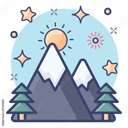 
A beautiful icon of mountains with sun denoting hill station in flat style
