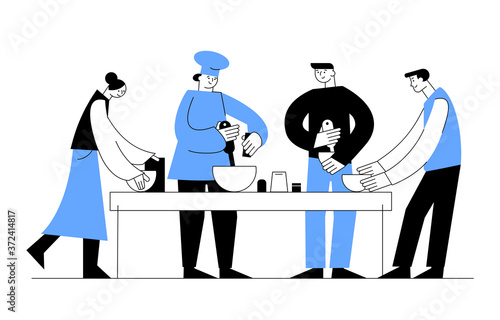 Cooking master class. Female chef teaches cooking  young woman and men  in the kitchen. Concept of  recipes, home cooking.  Vector flat illustration for banner, landing page