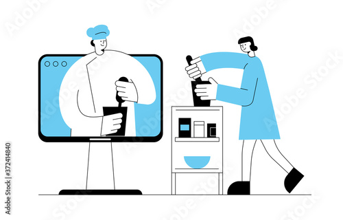 Young woman watches a video recipe on the laptop and prepares food at home in the kitchen. Man chef teaches cooking new recipe. Concept of online recipes, home cooking. Vector flat illustration