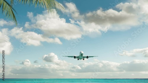 The plane landing at the resort. The airplane landing over the beach. Airplane landing over the beach against the palm trees. 