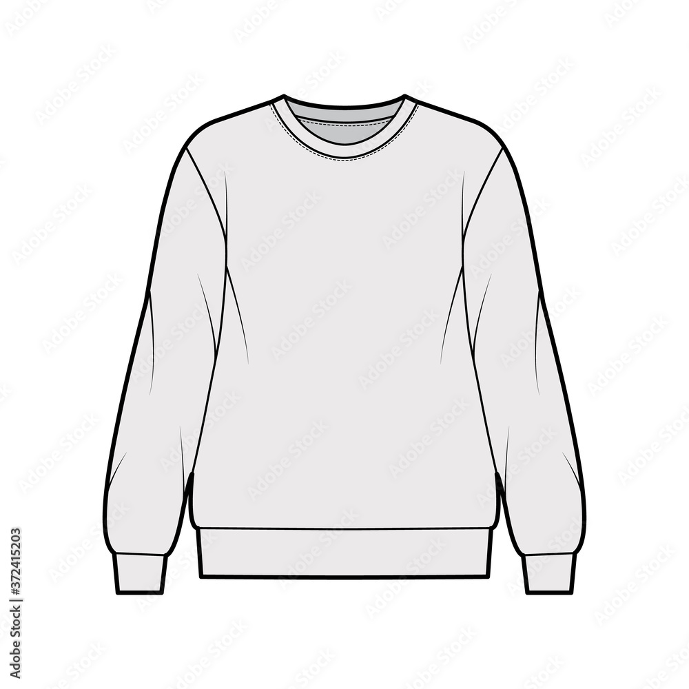 Cotton-terry oversized sweatshirt technical fashion illustration with relaxed fit, crew neckline, long sleeves. Flat outwear jumper apparel template front, grey color. Women, men, unisex top CAD Cotton-terry oversized sweatshirt technical fashion illustration with relaxed fit, crew neckline, long sleeves. Flat outwear jumper apparel template front, grey color. Women, men, unisex top CAD