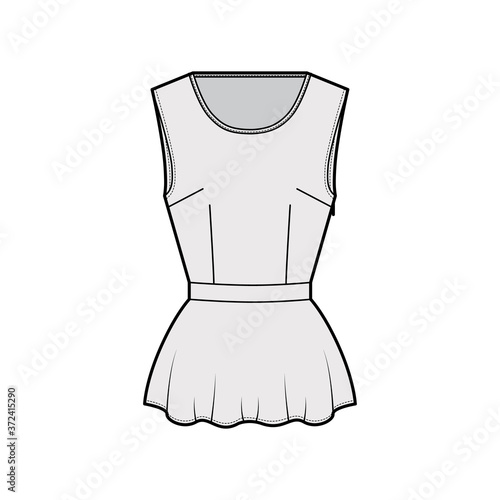 Peplum hem top technical fashion illustration with bonded round neck, sleeveless, fitted body, side zip fastening. Flat apparel blouse template front, grey color. Women men unisex shirt CAD mockup