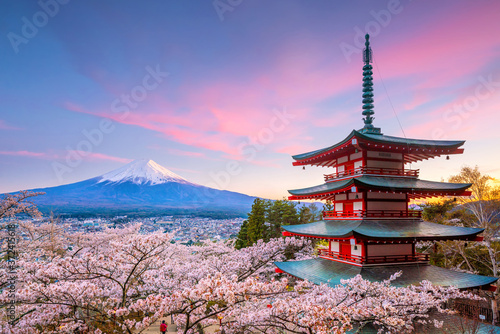 Fotografiet Mountain Fuji and Chureito red pagoda with cherry blossom sakura