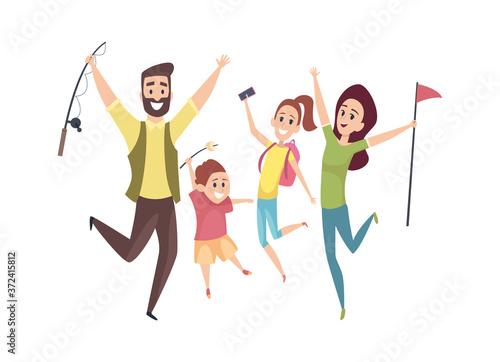 Family resting. Hikers, dad mom and children. People with marshmallow fishing rod and flag happy jumping vector illustration. Hiker family adventure, man with children hiking
