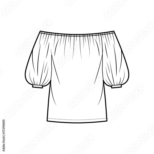 Off-the-shoulder blouse technical fashion illustration with elbow billowy sleeves, elasticated gathered neckline, oversized. Flat apparel top template front, white color. Women men unisex shirt mockup
