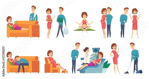 Pregnant woman. Family couple waiting baby. Husband wife daily activities vector illustration. Family pregnant couple, pregnancy period