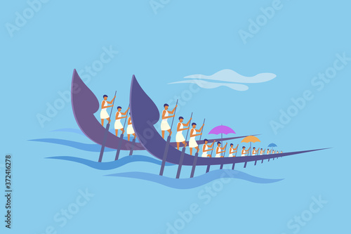 Teams rowing traditional snake boats. Concept for boat racing in the backwaters of Kerala