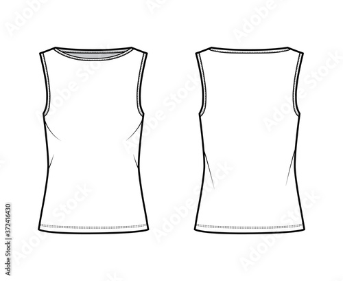 Cotton-jersey tank technical fashion illustration with relax fit, high neckline, elongated hem, sleeveless. Flat outwear shirt apparel template front back white color. Women men unisex top CAD mockup 