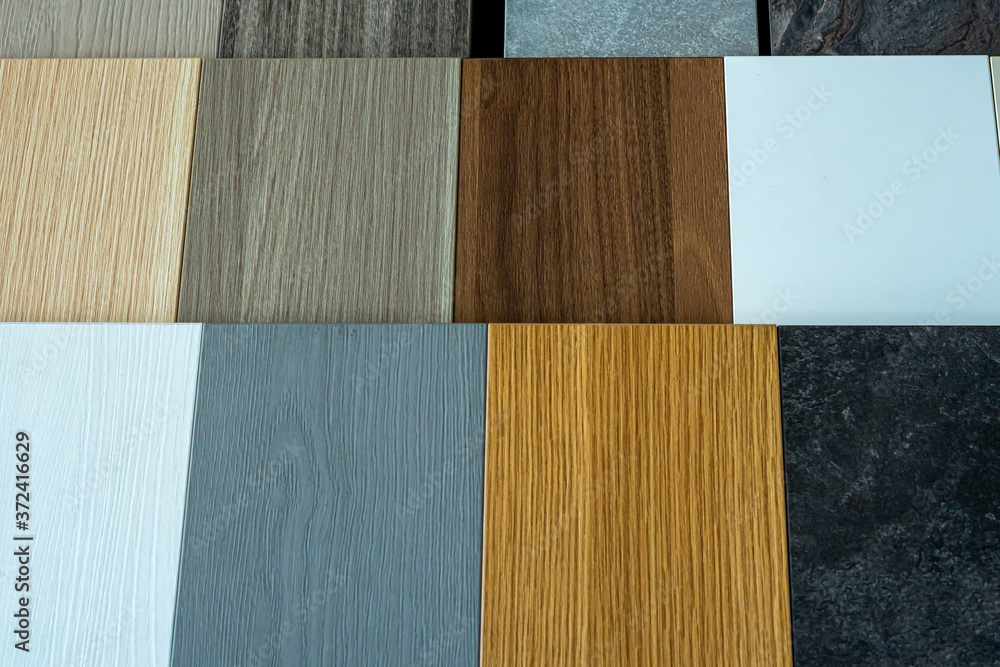 Fototapeta premium Samples of interior furniture material. Wooden pieces on shelf. Close up