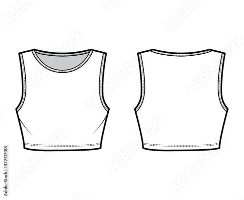 Under bust crop top technical fashion illustration with slim fit, crew neckline cotton-jersey tank. Flat outwear camisole apparel template front, back, white color. Women men unisex shirt CAD mockup