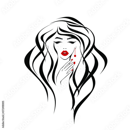 Beautiful sexy face, red lips, hand with red manicure nails, fashion woman, element design, nails studio, curly hairstyle, hair salon sign, icon. Beauty Logo. Vector illustration. Hand drawing style