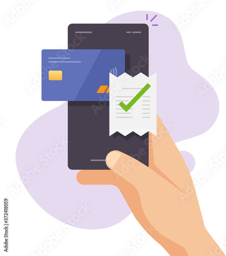 Payment bill online invoice vector via mobile phone smartphone credit bank card using flat style, person man cellphone wireless electronic digital paying concept, transaction receipt icon
