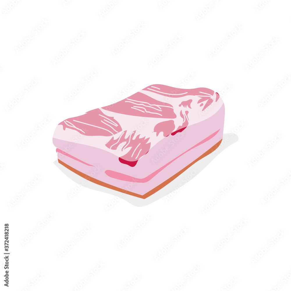 Raw pork belly meat slice. Fresh uncooked nutritious product. Butchery shop, farm market or processing plant design vector illustration isolated on white background Raw pork belly meat slice. Fresh uncooked nutritious product. Butchery shop, farm market or processing plant design vector illustration isolated on white background