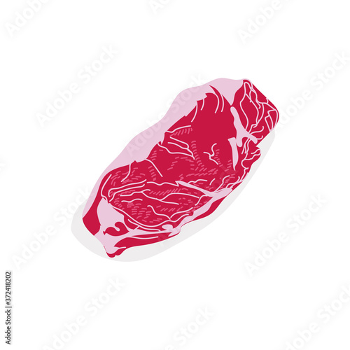 Raw sirloin meat slice. Fresh uncooked nutritious product. Butchery shop, farm market or processing plant design vector illustration isolated on white background