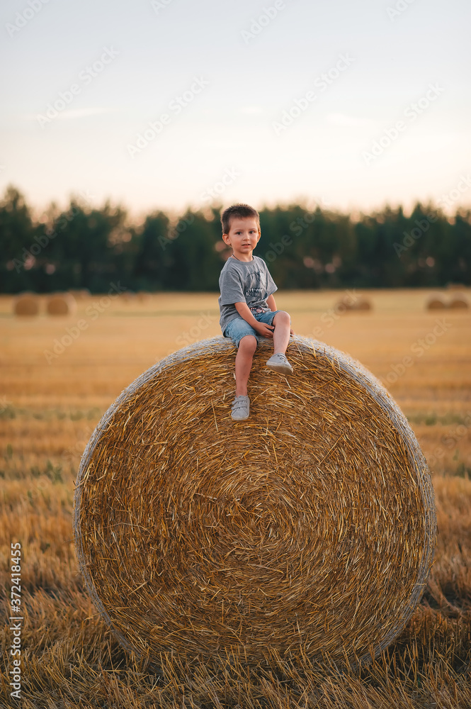 Little boy sitting on a haystack in a field of wheat at sunset Little boy sitting on a haystack in a field of wheat at sunset