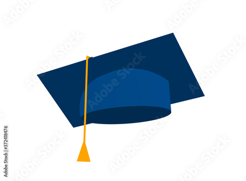 Graduation cap vector or academic hat mortarboard flat cartoon blue color icon with yellow tassel illustration isolated, school square mortar board clipart