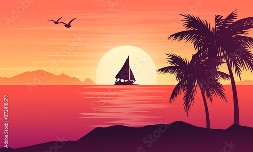 Tropical landscape with ocean and sunset design