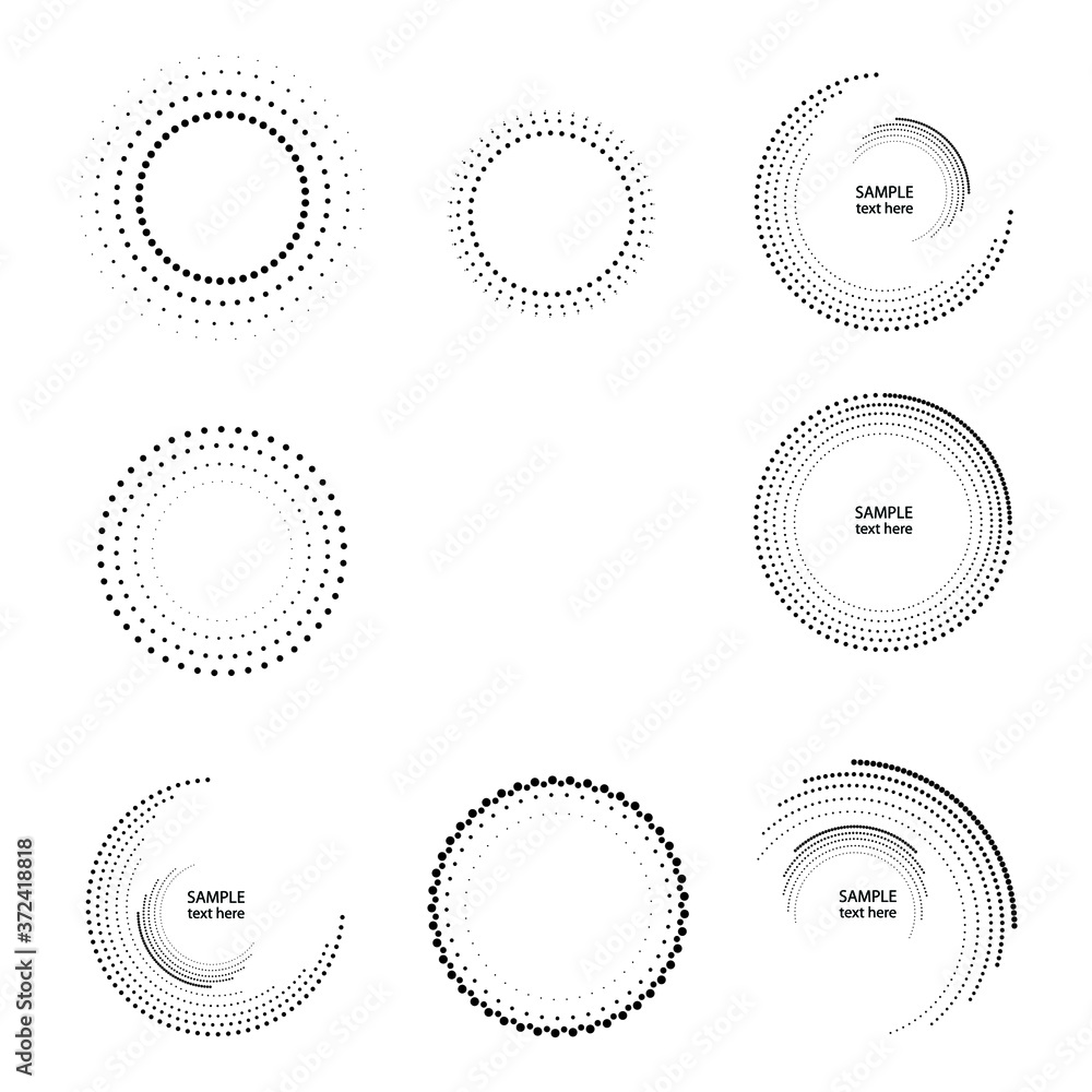 Halftone dots in circle form. Circular Music equalizer . Audio waves . Sound frequency . round logo . vector dotted frame . design element Halftone dots in circle form. Circular Music equalizer . Audio waves . Sound frequency . round logo . vector dotted frame . design element
