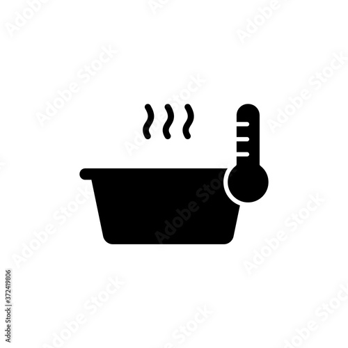 Silhouette icon of baking in oven, reheat food. Dish or pan with thermometer and hot steam. Black simple illustration of cooking process. Flat isolated vector pictogram, white background
