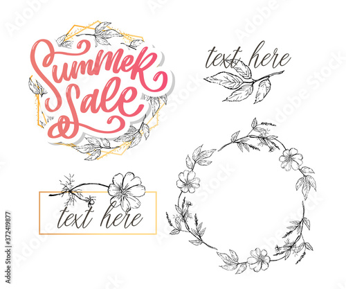 Trendy floral vector template. Summer flowers and Summer sale lettering illustration. Shabby gold texture on striped background.