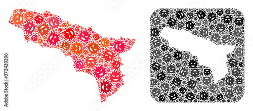 Pandemic virus map of Abkhazia mosaic designed with rounded square and subtracted space. Vector map of Abkhazia mosaic of evil virus ojects in different sizes and color tinges.