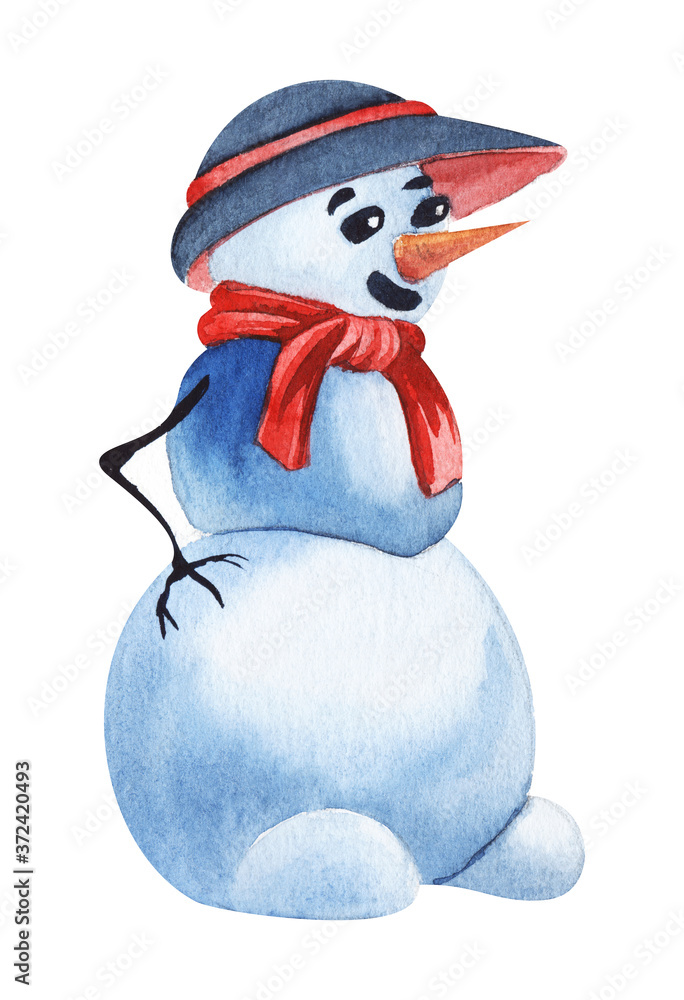 Naklejka Watercolor image of cute snowman with branched arms isolated on white background. Hand drawn illustration of cartoon winter character in red scarf and bright odd hat