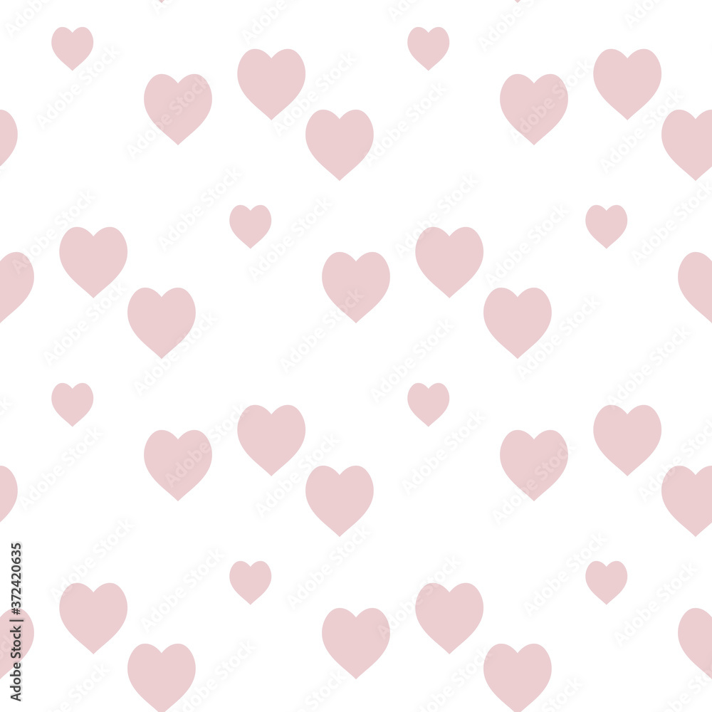 Seamless pattern with cute light pink hearts on white background. Vector image.