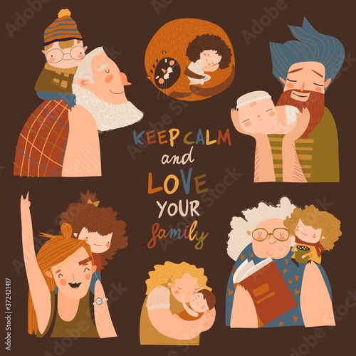 Cartoon happy family vector set. Parents grandparents children together