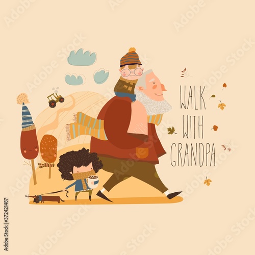 Cartoon happy grandfather walking with his grandchildren