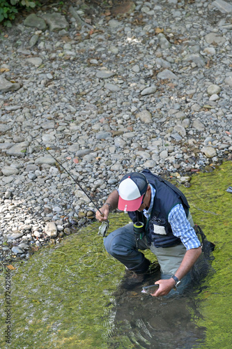 fly fisherman in summer catching a rainbow trout fishing in a mountain river