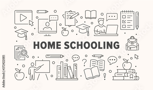 Online Education poster with line icons. Vector illustration for banner included icon as student, computer, books, teacher, laptop outline pictogram for home schooling, university trainig