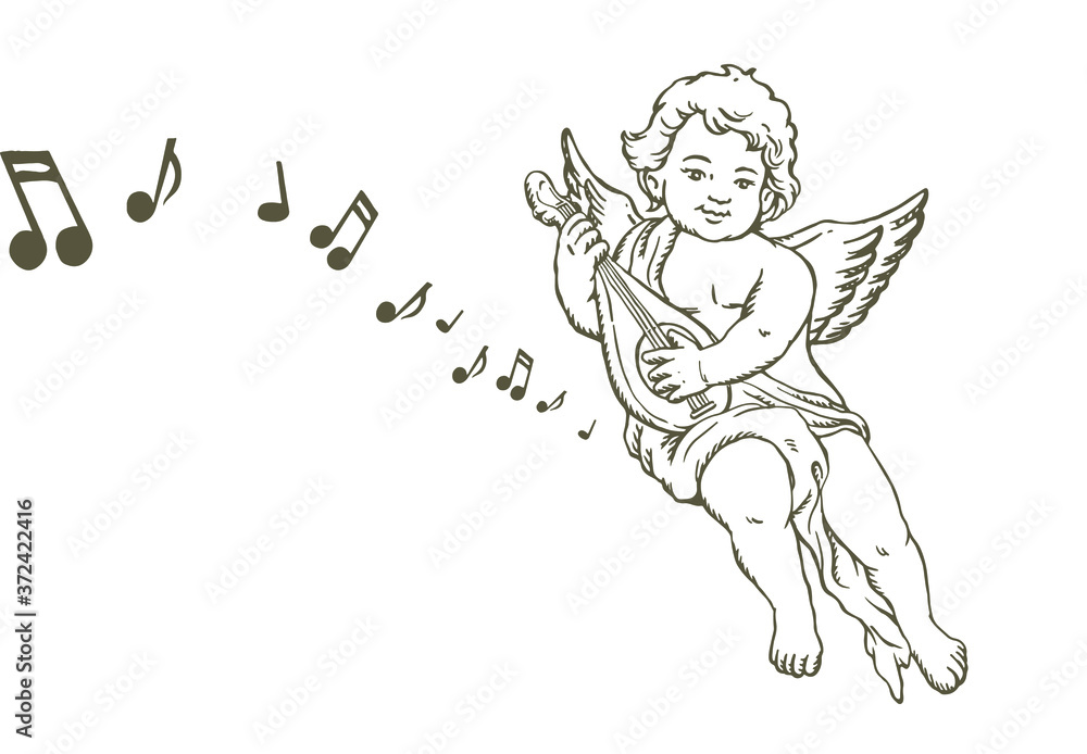 Fototapeta premium Hand drawn sketch of little angel playing music instrument, with music notes