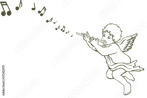 Hand drawn sketch of little angel playing music instrument, with music notes