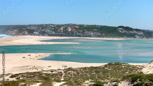 Panoramic view of the beach and the Obidos lagoon in Foz do Arelho at noon, Portugal.