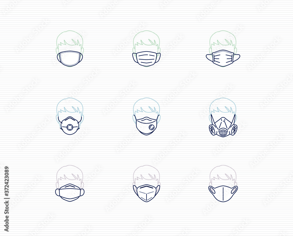 Face mask icon set: editable line icons as fashion, filter, dust protection, medical mask or surgical, dental mask, cotton mask for virus safety.