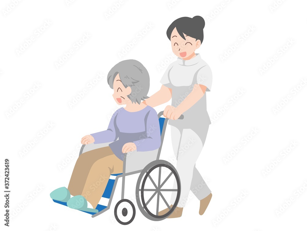 車椅子に乗った高齢者と介護士のイラスト