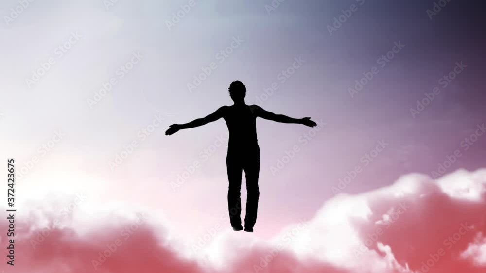 Creative 4K parallax video of the sky, moving clouds and sunlight, a silhouette of a man with arms spread apart, flying in a light and dissolving into it against the background of the Yin-Yang symbol. Creative 4K parallax video of the sky, moving clouds and sunlight, a silhouette of a man with arms spread apart, flying in a light and dissolving into it against the background of the Yin-Yang symbol.