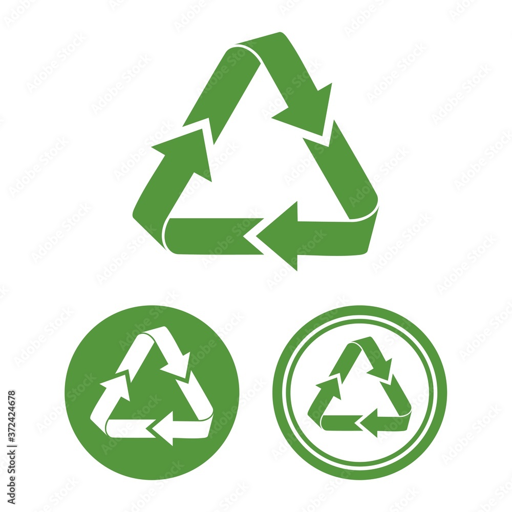 Simple flat green vector garbage recycling icon. Set of three cliparts of a recycle waste symbol Simple flat green vector garbage recycling icon. Set of three cliparts of a recycle waste symbol