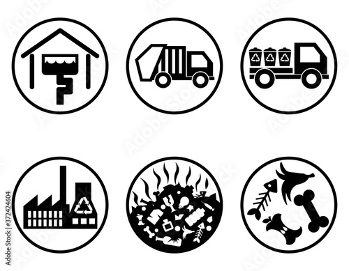Garbage collection and recycling icons. Set of simple round vector signs. Waste, garbage truck, garbage recycling plant, landfill and city sewerage - symbols