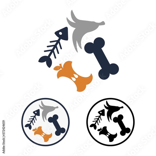 Organic waste simple icons set. Flat silhouettes of a banana peel, a fish skeleton, an animal bone and an apple core. Round vector sign