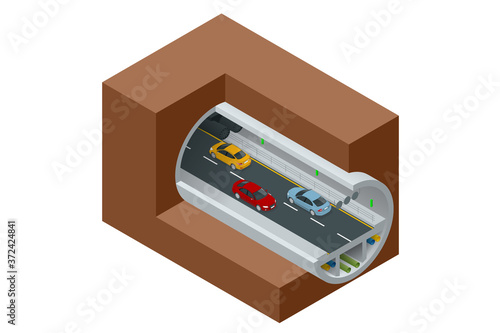 Isometric underground tunnel for vehicular road traffic. Car tunnel under the mountain, Road tunnel. photo