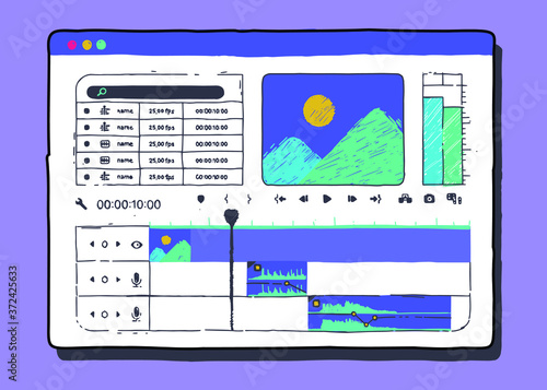 Timeline window in the program. Video clip editing. Handwritten style