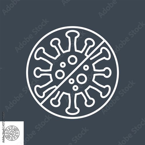 Anti Coronavirus related vector thin line icon. Virus COVID-19 in prohibition sign. Isolated on black background. Editable stroke. Vector illustration.