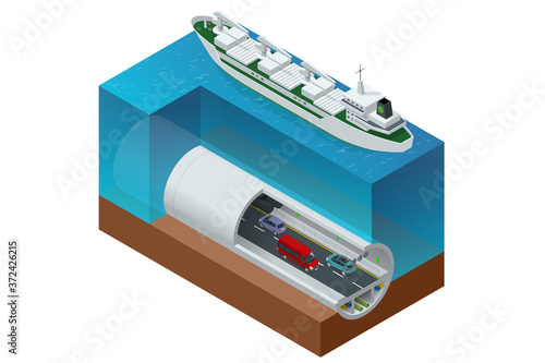 Isometric underwater tunnel for vehicular road traffic. Car tunnel under the mountain, Road tunnel.