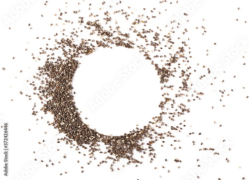 Chia seeds pile, round frame and border isolated on white background, top view