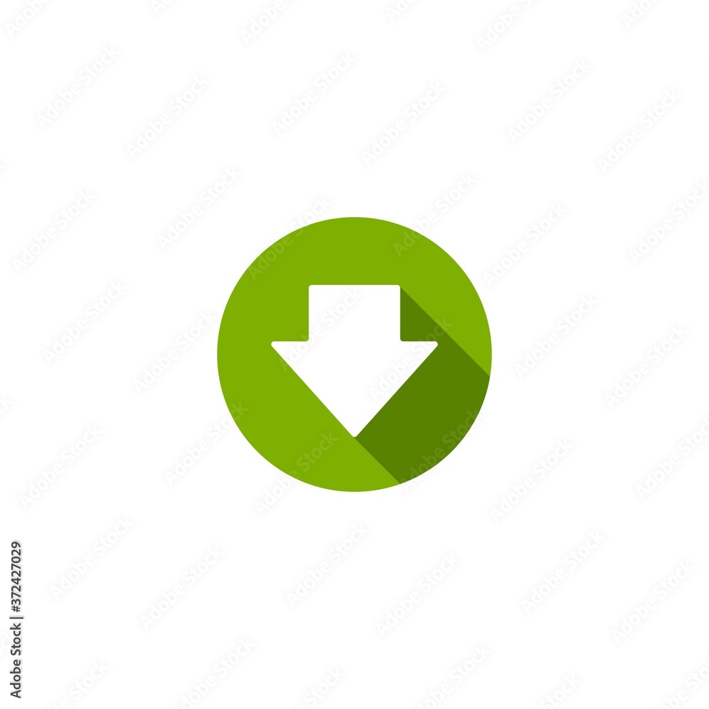 white rounded arrow down with shadow in green circle icon. flat download sign isolated on white. white rounded arrow down with shadow in green circle icon. flat download sign isolated on white.