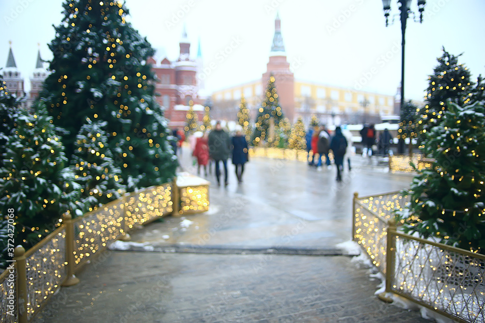 Christmas decoration in Moscow, Christmas trees on the street, snowy December, season new year