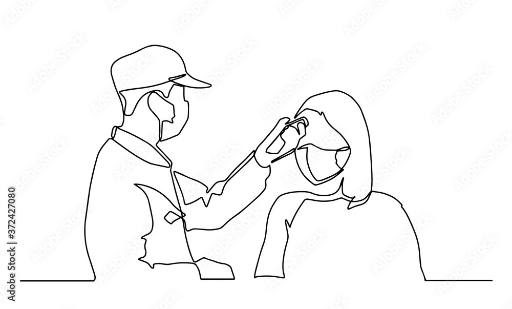 Medical staff check body temperature at woman. Continuous one line drawing. Vector Illustration Covid-19 symbol. Visitors must go through fever measures using infrared digital. continuous line drawing
