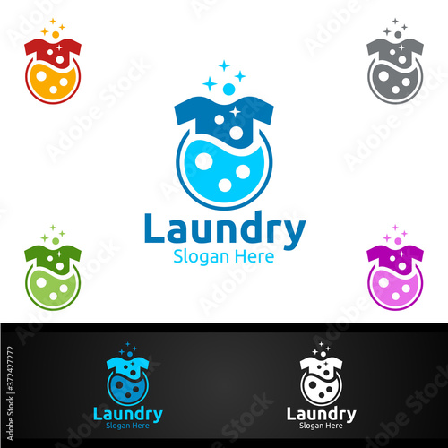 Laundry Dry Cleaners Logo with Clothes, Water and Washing Concept